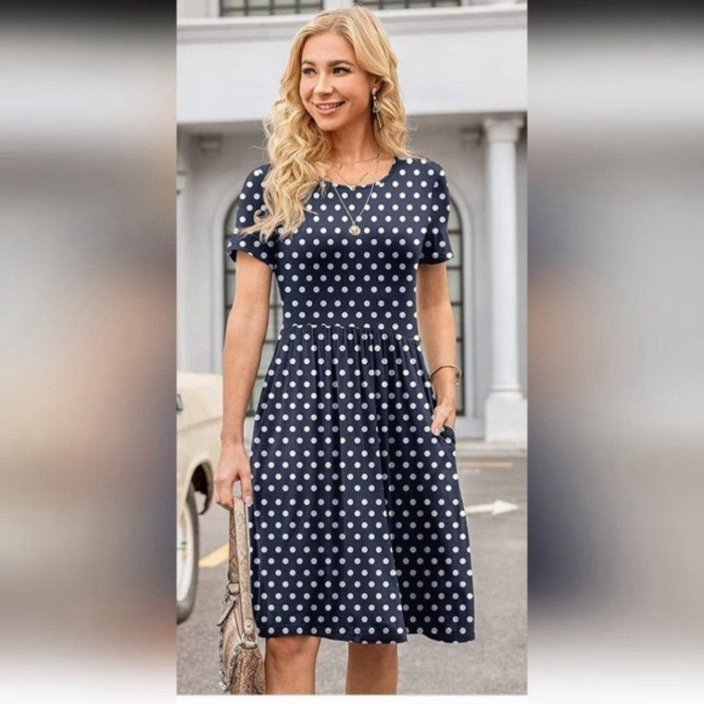 DB MOON Women Summer Casual Short Sleeve Dresses Empire Waist Dress with Pockets